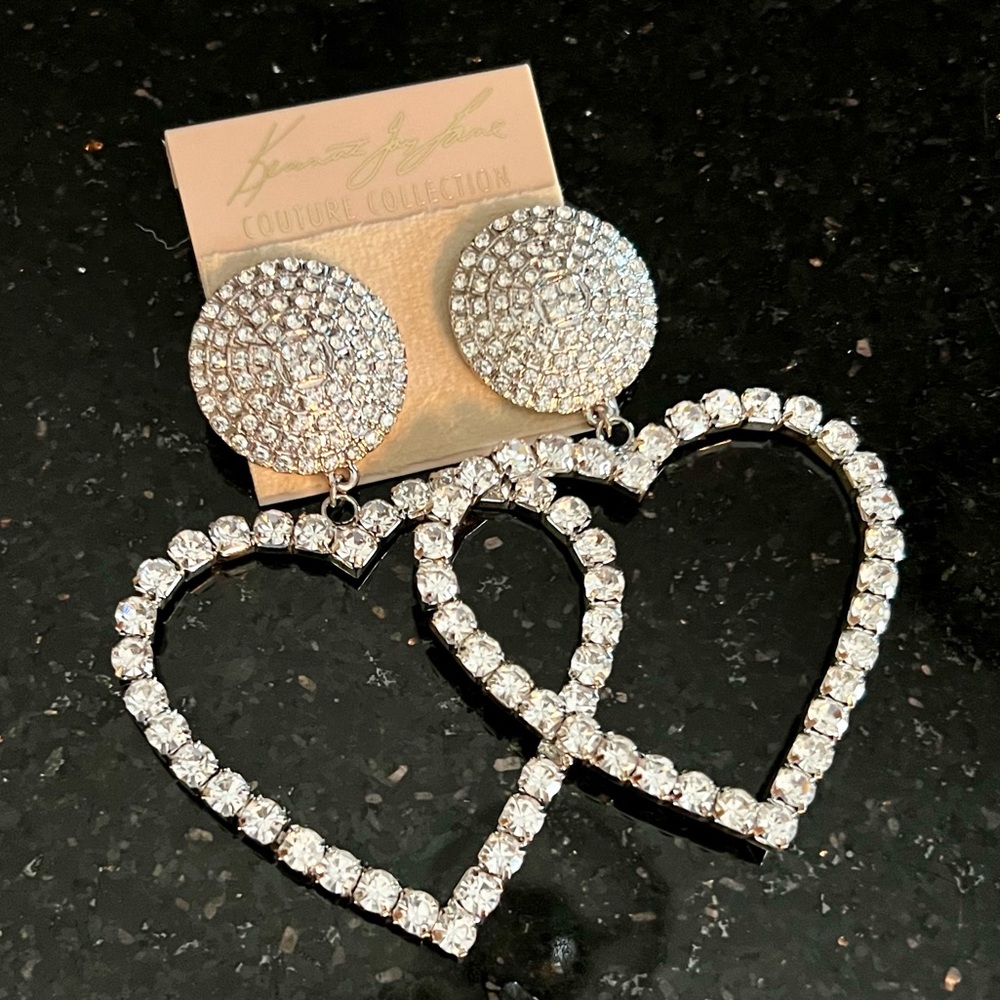 KENNETH JAY LANE Crystal Studded Heart Dangle Earrings / Silver Tone & Crystals - Picture 11 of 12